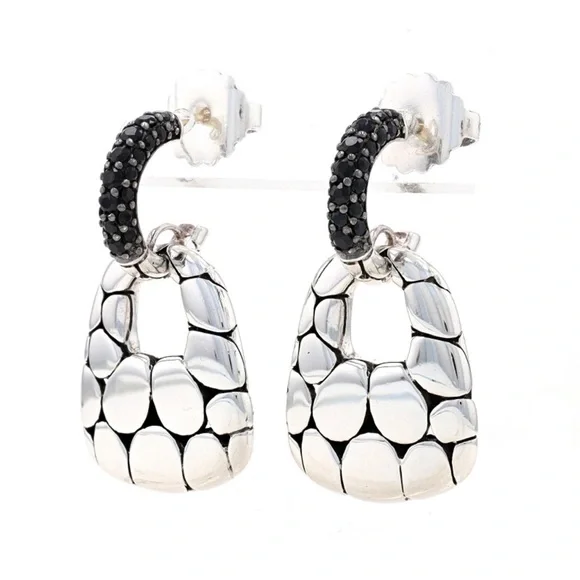 John Hardy Kali Silver Lava Door Knocker Hoop Drop Earrings with black sapphire
